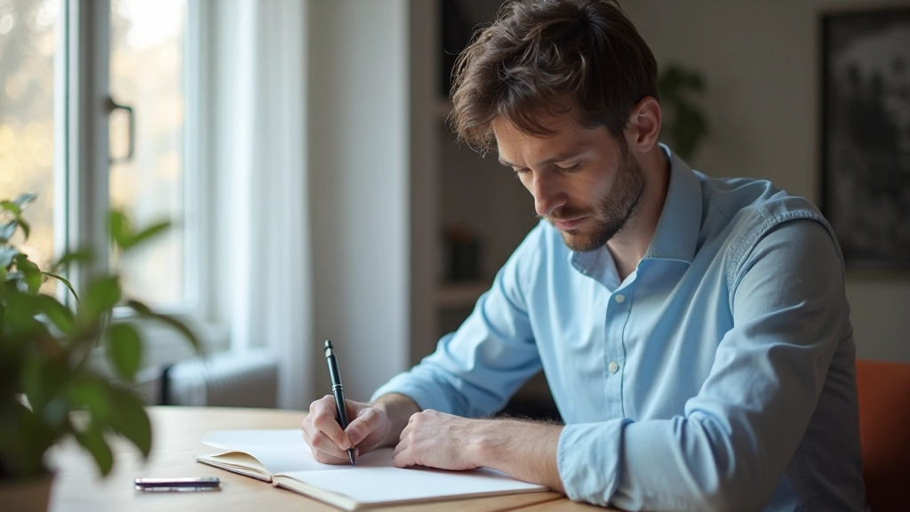 Deelnemer die met zelfverzekerdheid notities maakt en zijn persoonlijke doelen documenteert in een coachingjournal