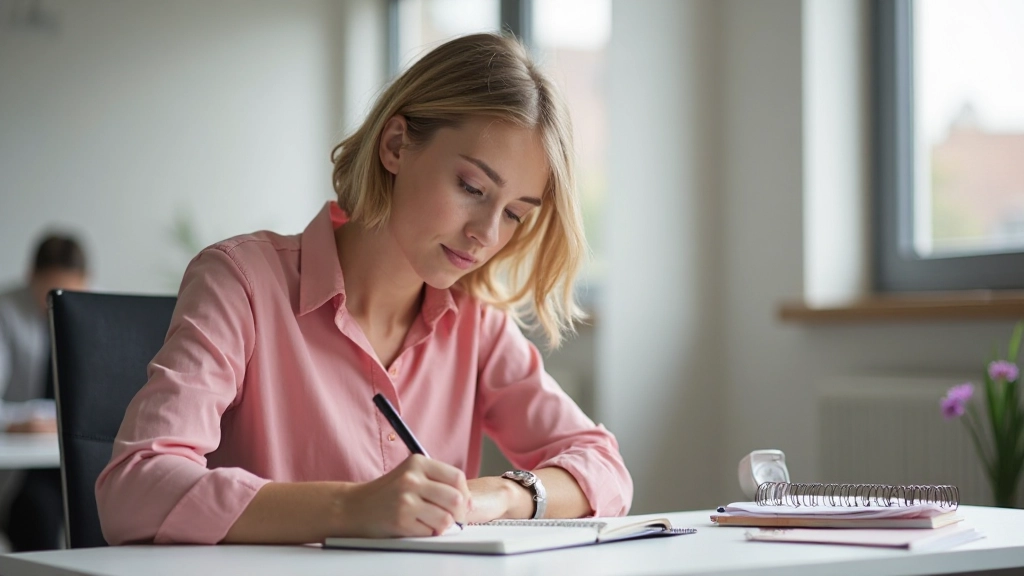 Jonge vrouw schrijft dagelijks doelen en actiestappen in planner op bureau