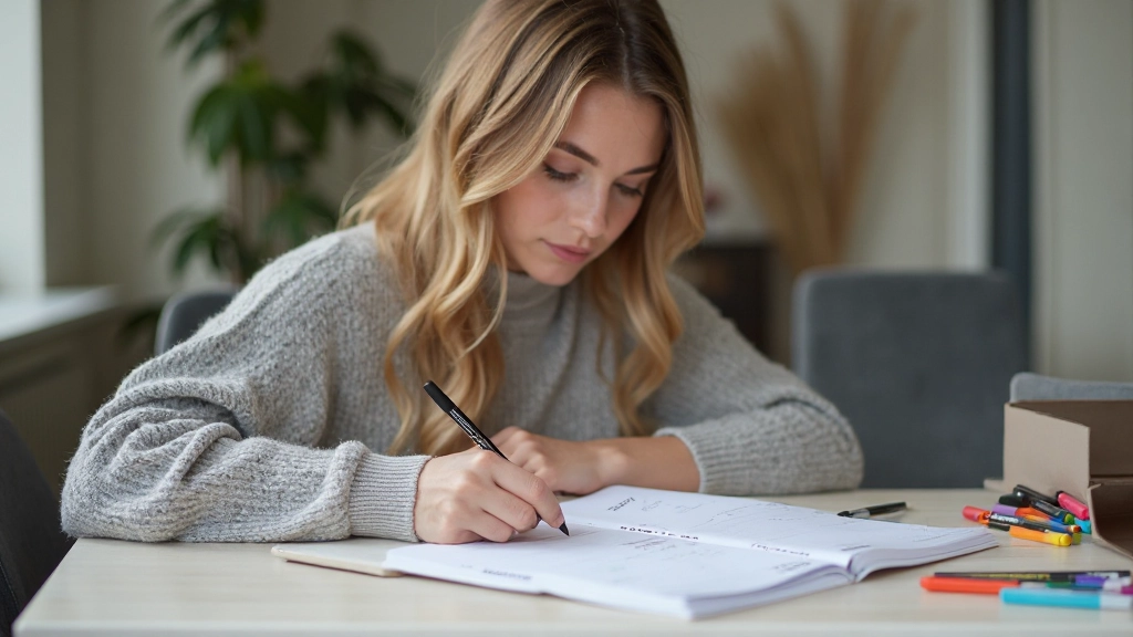 Persoon die voortgang bijhoudt in notitieboek met grafieken en gekleurde markers voor doelstelling tracking